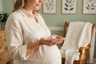 Femme enceinte tenant une bola de grossesse en argent dans sa main, ambiance nursery cosy et naturelle