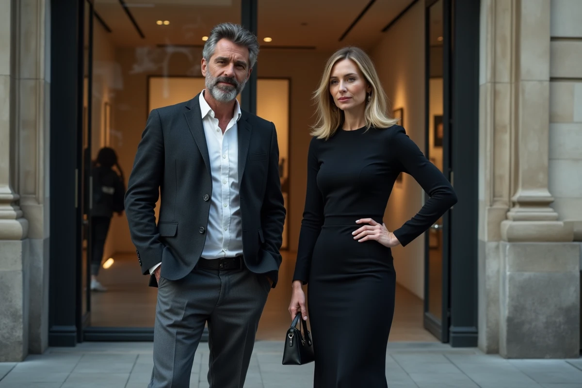 Couple moderne et stylé devant une galerie d'art contemporaine parisienne, pose naturelle et élégante en tenue chic