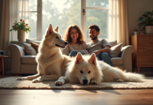 Borzoi allongé dans un salon chaleureux avec famille