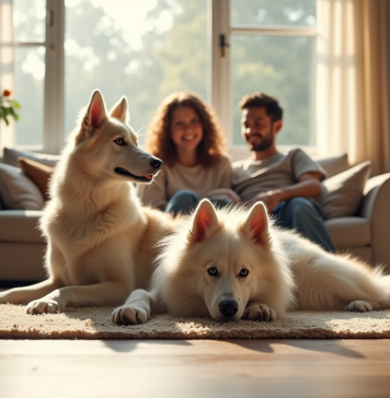 Borzoi allongé dans un salon chaleureux avec famille