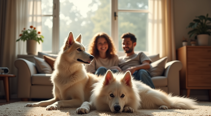 Borzoi allongé dans un salon chaleureux avec famille