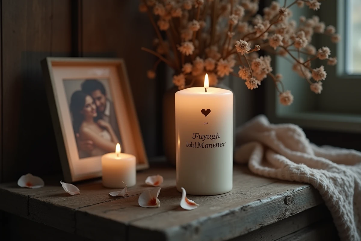 Bougie blanche personnalisée avec cœur gravé et prénom posée sur une table en bois ancien lors d'un hommage funèbre intime