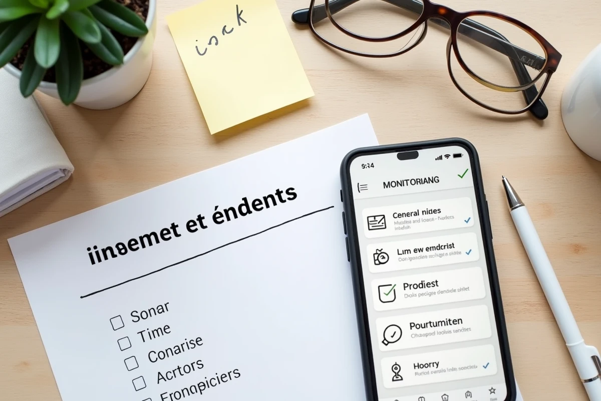 Bureau familial avec smartphone affichant une application de contrôle parental et checklist imprimée pour parents