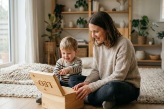Mère et fils découvrant ensemble un jouet en bois personnalisé dans un salon scandinave chaleureux