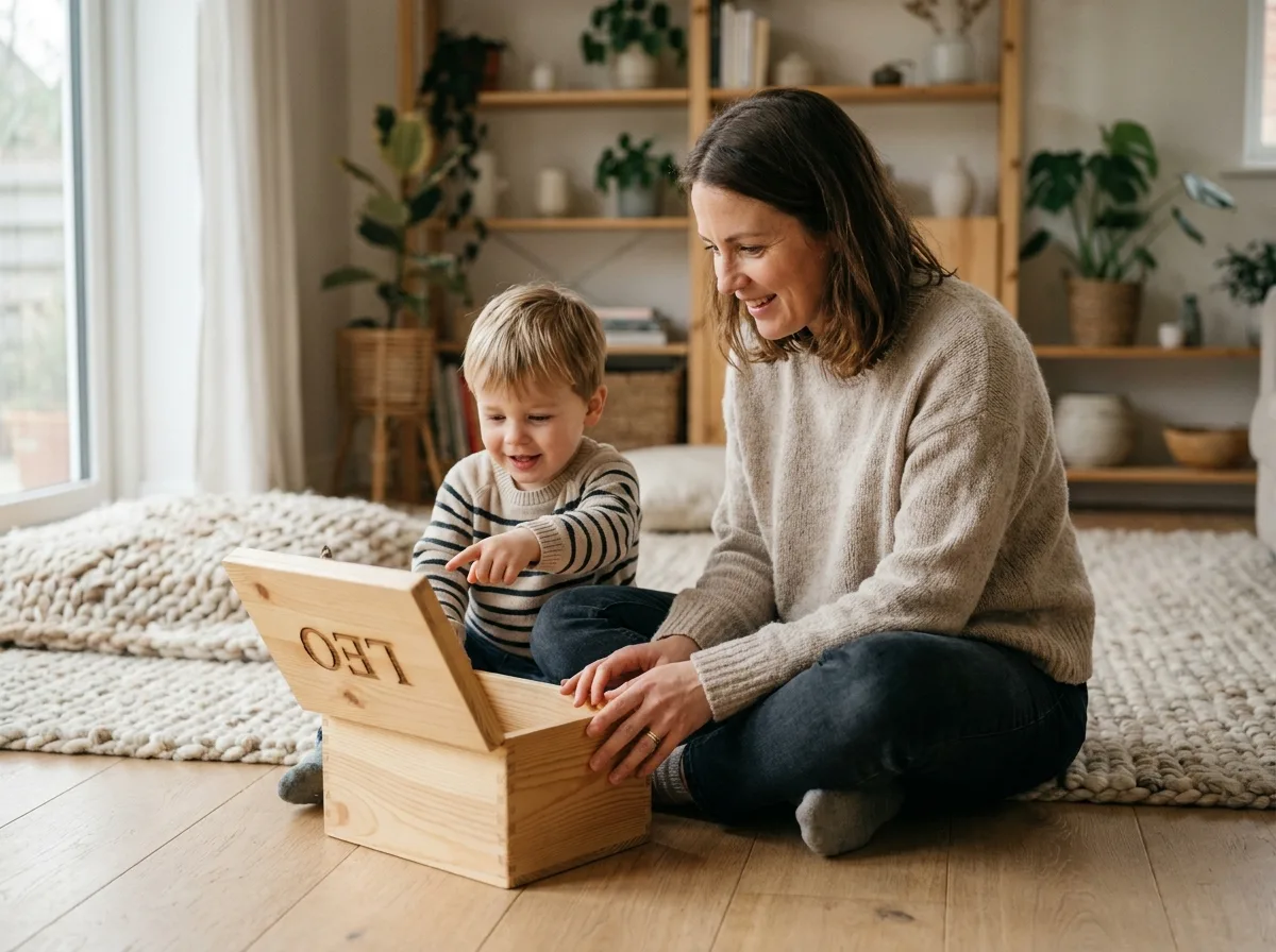 Mère et fils découvrant ensemble un jouet en bois personnalisé dans un salon scandinave chaleureux