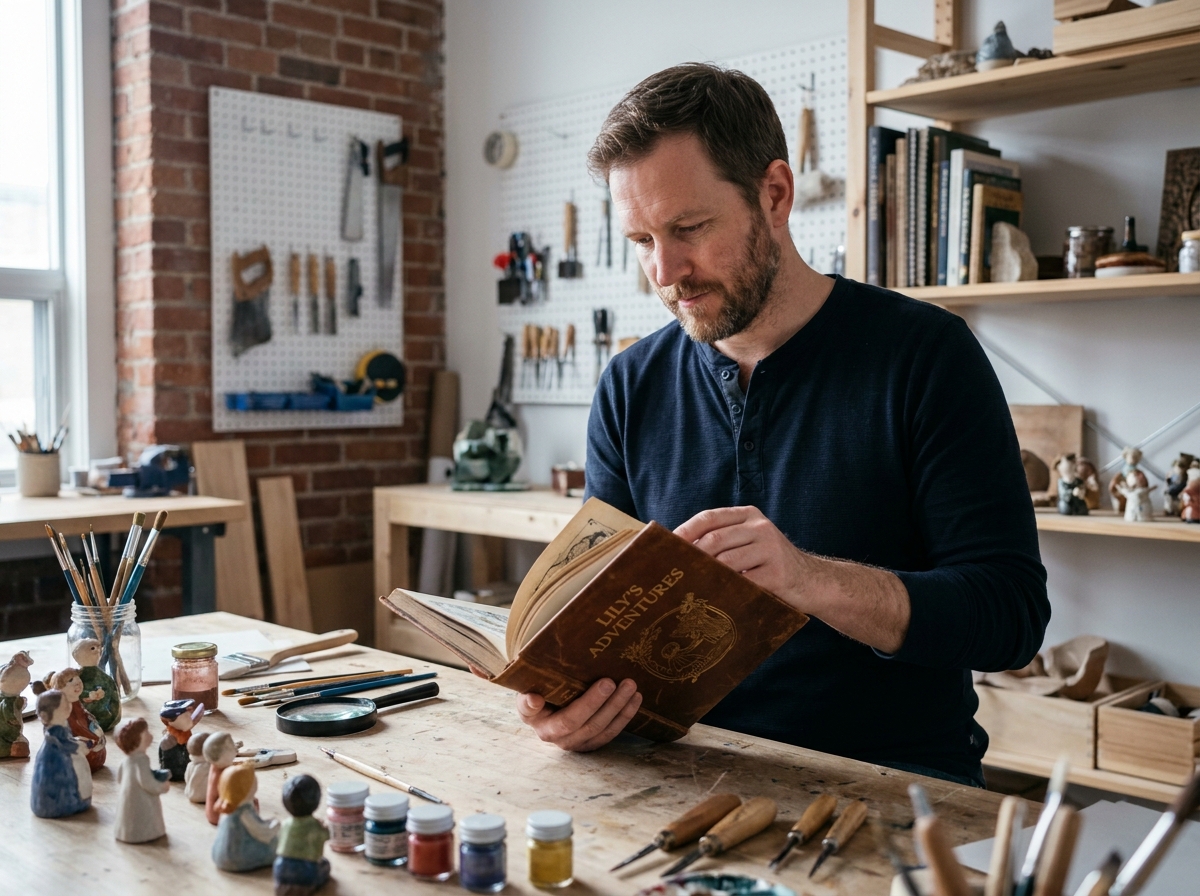 Père examinant un livre illustré personnalisé dans un atelier artisanal avec des outils de création