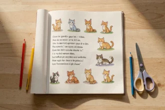 Cahier de comptines ouvert sur la page imprimée A4 des paroles de 3 petits chats avec crayons colorés