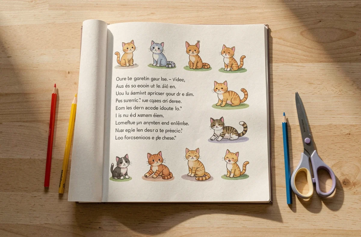 Cahier de comptines ouvert sur la page imprimée A4 des paroles de 3 petits chats avec crayons colorés