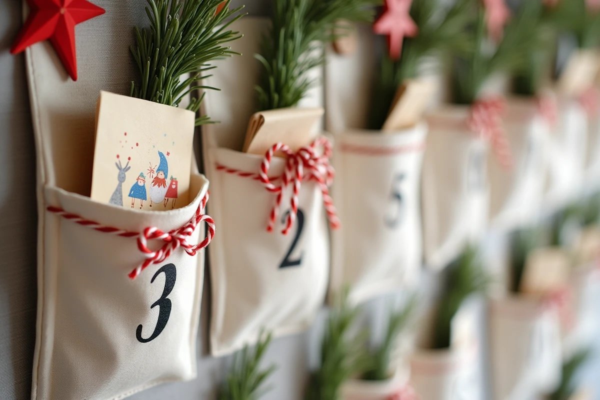 Calendrier de l'avent en tissu avec lettre de lutin farceur pliée dans une pochette numérotée décorée de branches de sapin