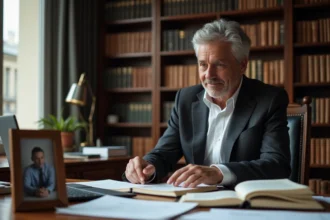 Un homme distingué dans la cinquantaine, figure publique et père de famille, contemplant une photo de ses enfants dans son bureau chargé de dossiers criminologiques à Paris