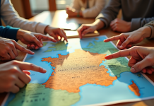 Carte de la France avec mains pointant différentes régions