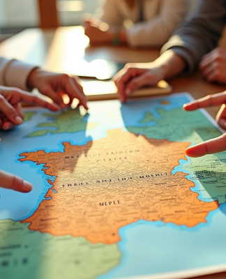 Carte de la France avec mains pointant différentes régions