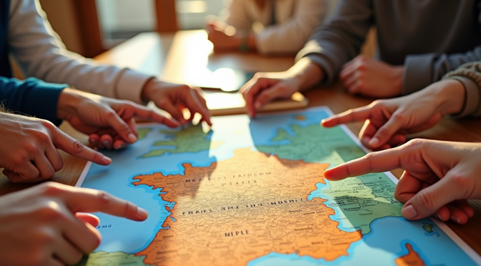 Carte de la France avec mains pointant différentes régions