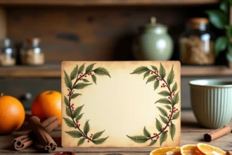 Carte de Noël vintage à imprimer posée sur une table en bois rustique avec des éléments décoratifs rétro comme des bâtons de cannelle et des tranches d'orange séchées