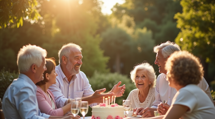 Famille multigenerationale célébrant un anniversaire en jardin