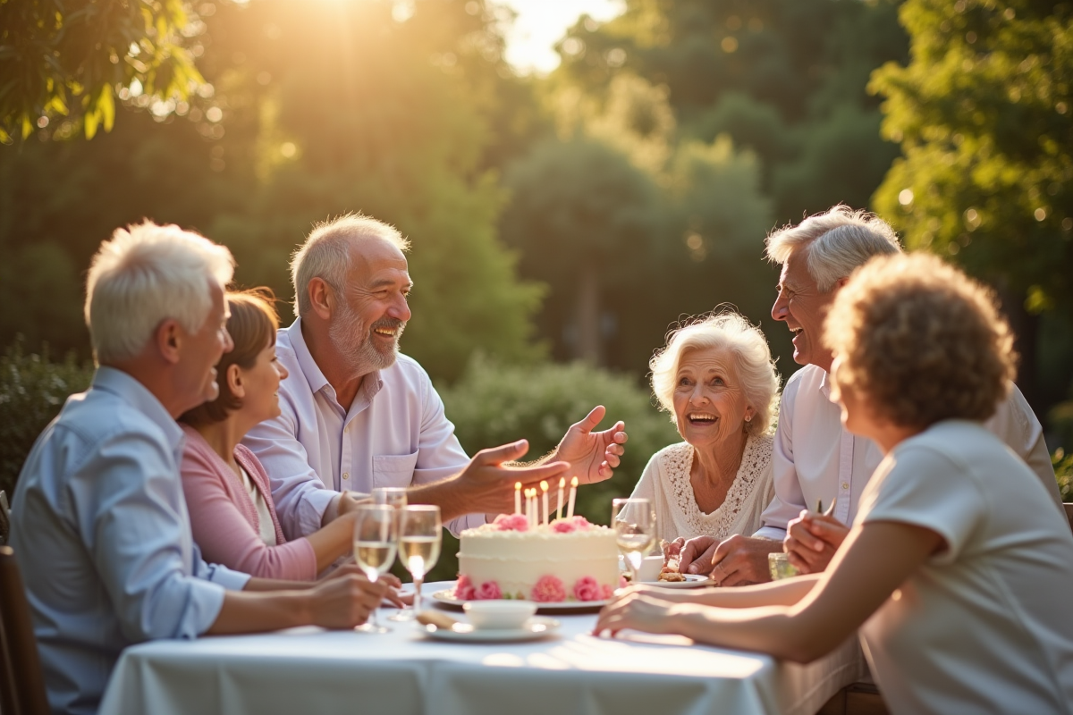 Famille multigenerationale célébrant un anniversaire en jardin