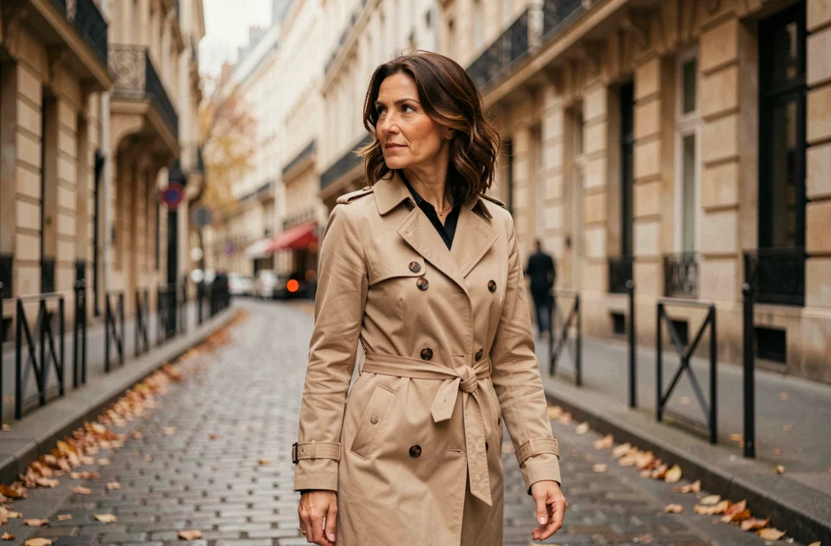 Femme élégante en imperméable beige marchant dans une rue parisienne, évoquant la discrétion et la protection de la vie privée des célébrités