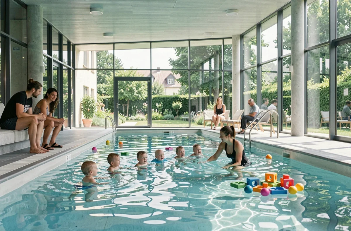 Centre aquatique de Colmar avec une session de bébé nageur dans un bassin moderne et lumineux