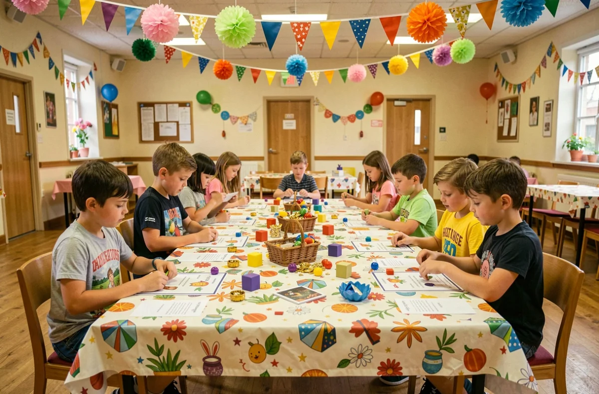 Enfants concentrés autour d'une table lors d'une chasse au trésor pendant une fête d'anniversaire en salle