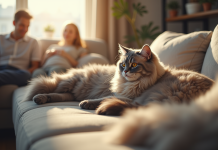Chat persan chinchilla sur un canapé ensoleille