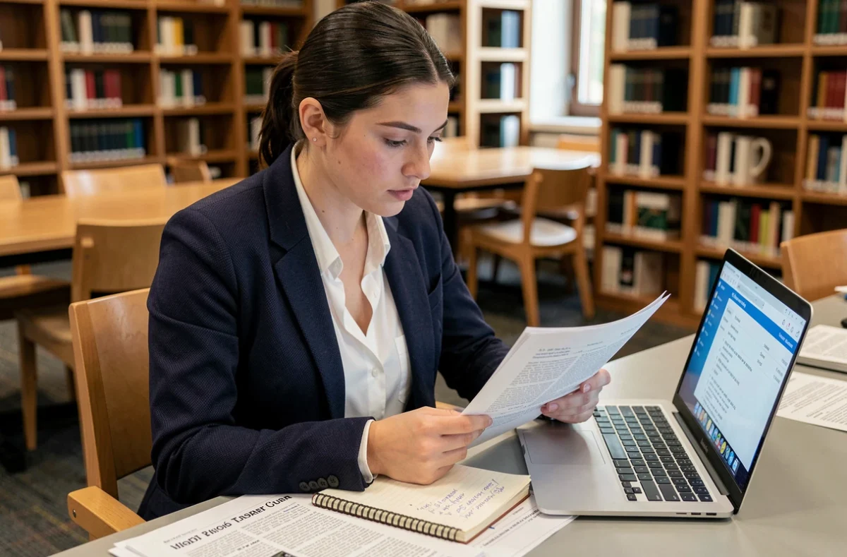 Chercheuse vérifiant des sources généalogiques sur Wikipedia et une base de données en ligne dans une bibliothèque universitaire