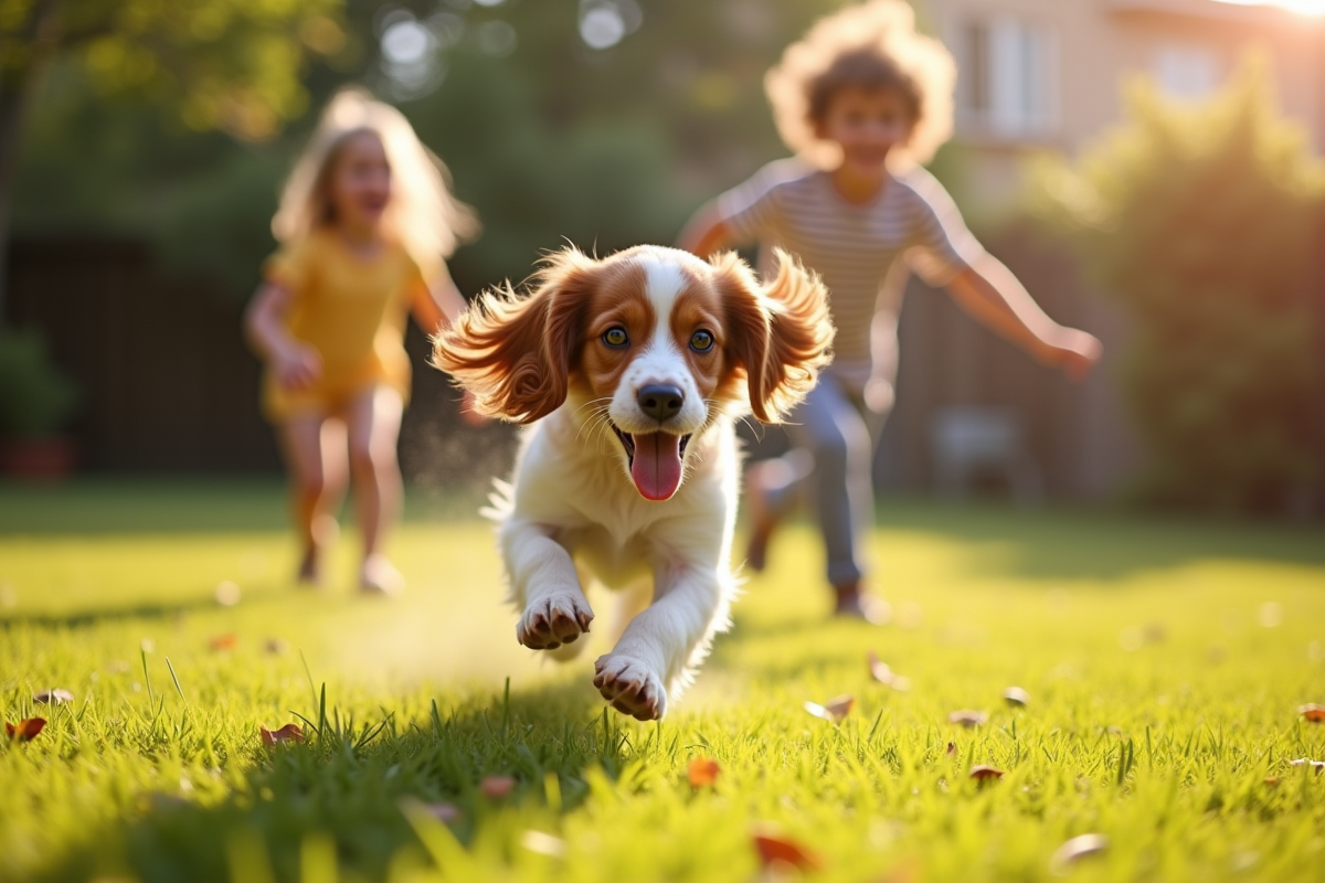 Cocker spaniel jouant avec enfants dans le jardin