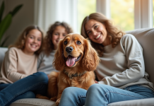 Cocker spaniel souriant avec famille dans le salon