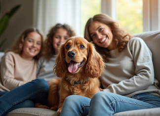 Cocker spaniel souriant avec famille dans le salon