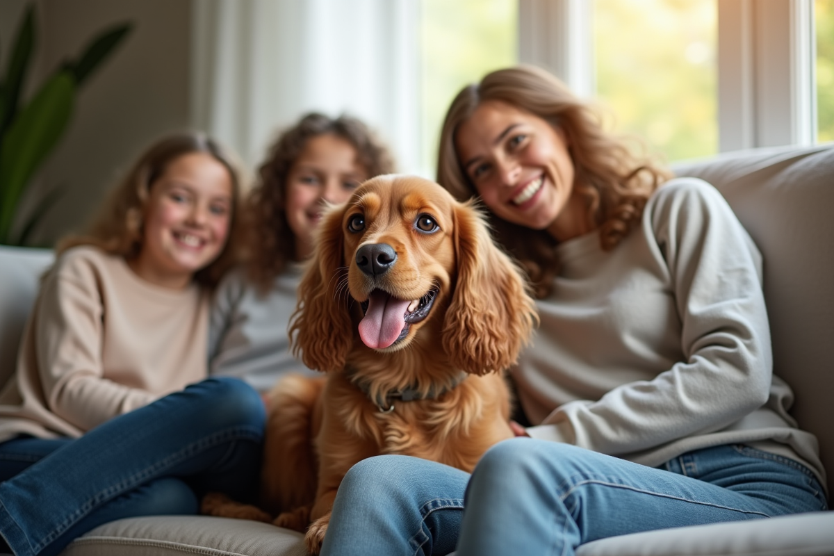 Cocker spaniel souriant avec famille dans le salon
