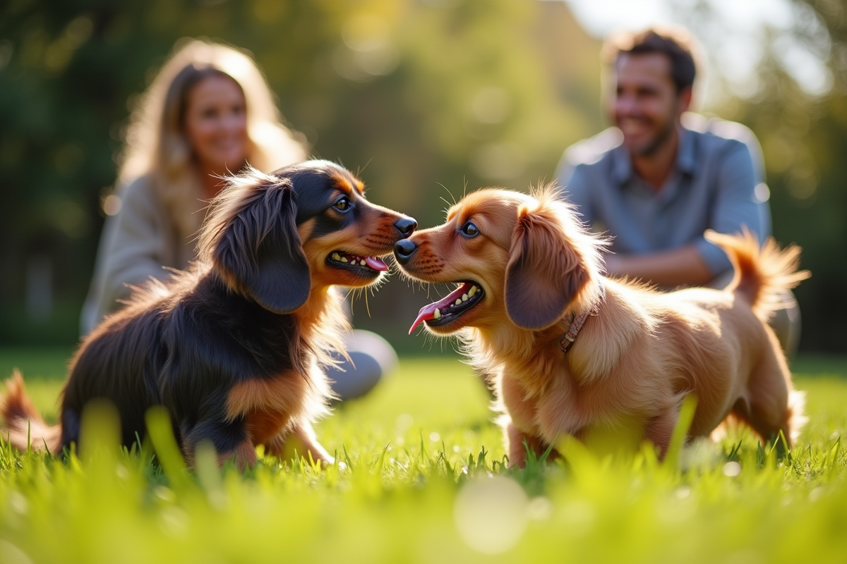 Dachshund longhair jouant dans le jardin en famille