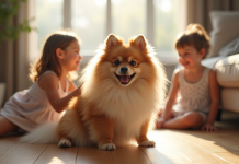 Chien Spitz allemand assis dans un salon lumineux avec enfants