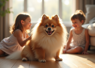 Chien Spitz allemand assis dans un salon lumineux avec enfants