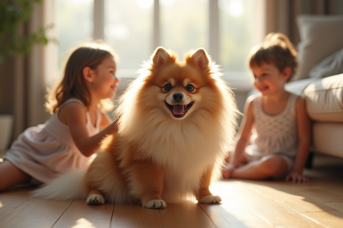 chien-spitz-salon-lumineux Chien Spitz allemand assis dans un salon lumineux avec enfants