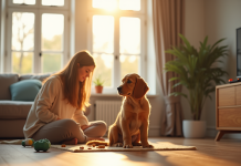 Chiot cocker spaniel assis près d'une femme dans un salon lumineux