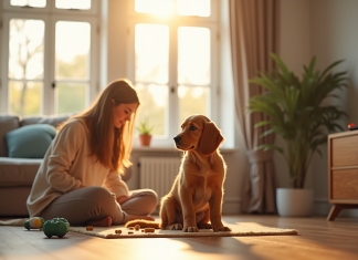 Chiot cocker spaniel assis près d'une femme dans un salon lumineux