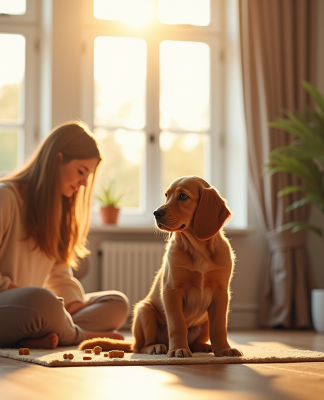 Chiot cocker spaniel assis près d'une femme dans un salon lumineux