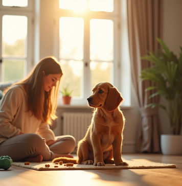Adopter un cocker équilibré grâce à une éducation adaptée à votre mode de vie Chiot cocker spaniel assis près d'une femme dans un salon lumineux