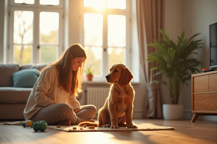 Chiot cocker spaniel assis près d'une femme dans un salon lumineux