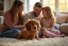 Chiot dachshund longhair câliné par une famille souriante