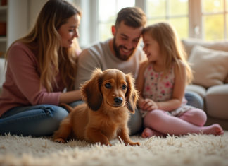 Chiot dachshund longhair câliné par une famille souriante