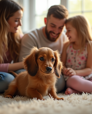 Chiot dachshund longhair câliné par une famille souriante