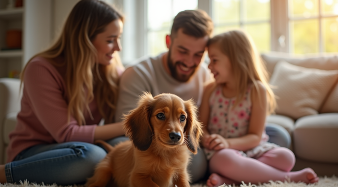 Chiot dachshund longhair câliné par une famille souriante