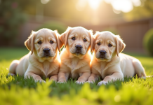 Groupe de chiots labrador dans un jardin ensoleille