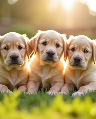 Groupe de chiots labrador dans un jardin ensoleille
