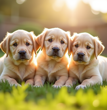 Groupe de chiots labrador dans un jardin ensoleille