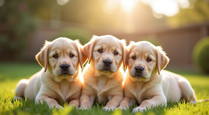 Groupe de chiots labrador dans un jardin ensoleille
