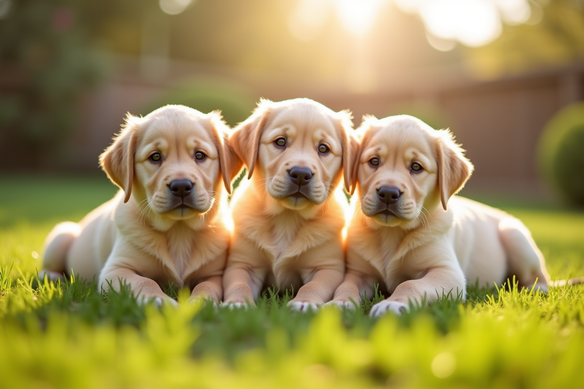Groupe de chiots labrador dans un jardin ensoleille