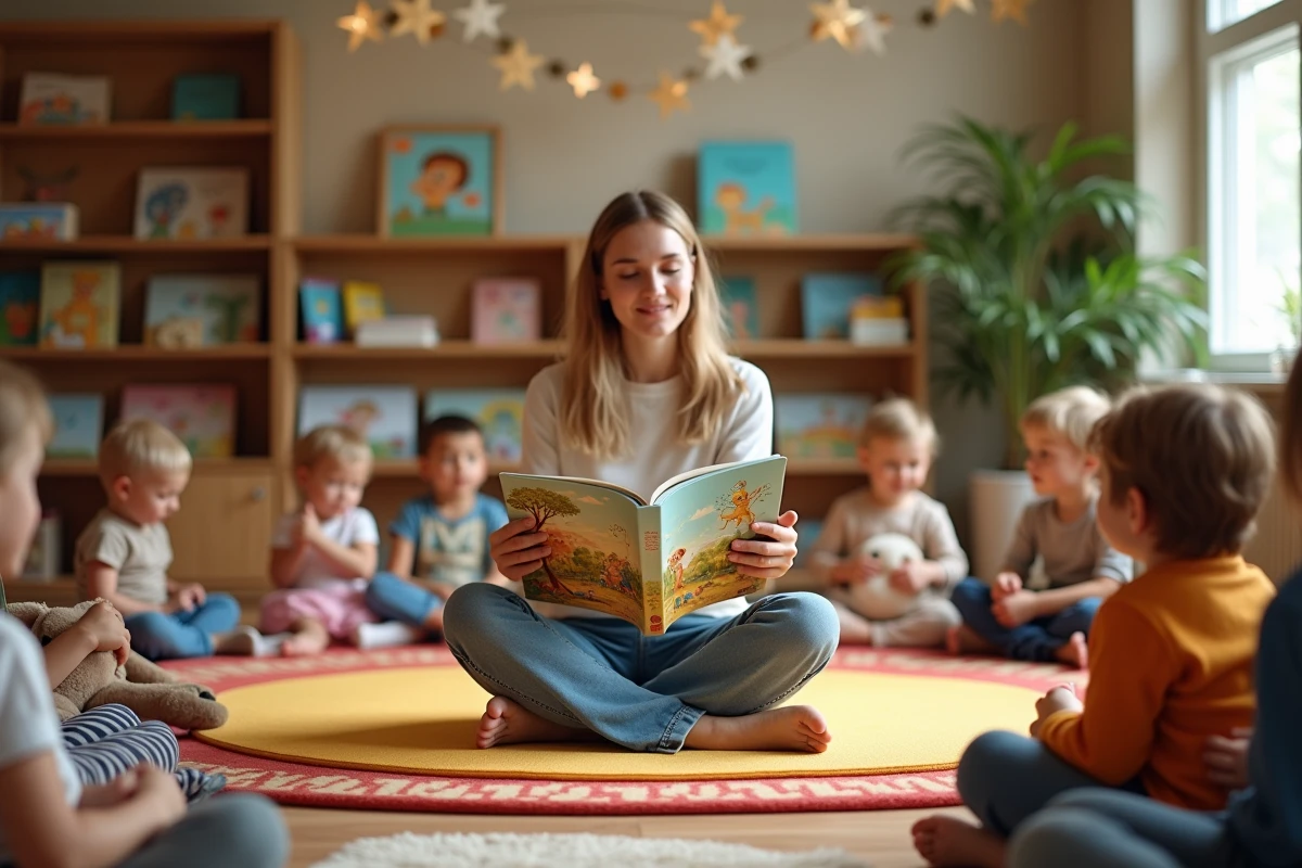 Animatrice lisant une histoire à un groupe mixte d'enfants de maternelle et élémentaire dans un coin lecture d'un centre de loisirs