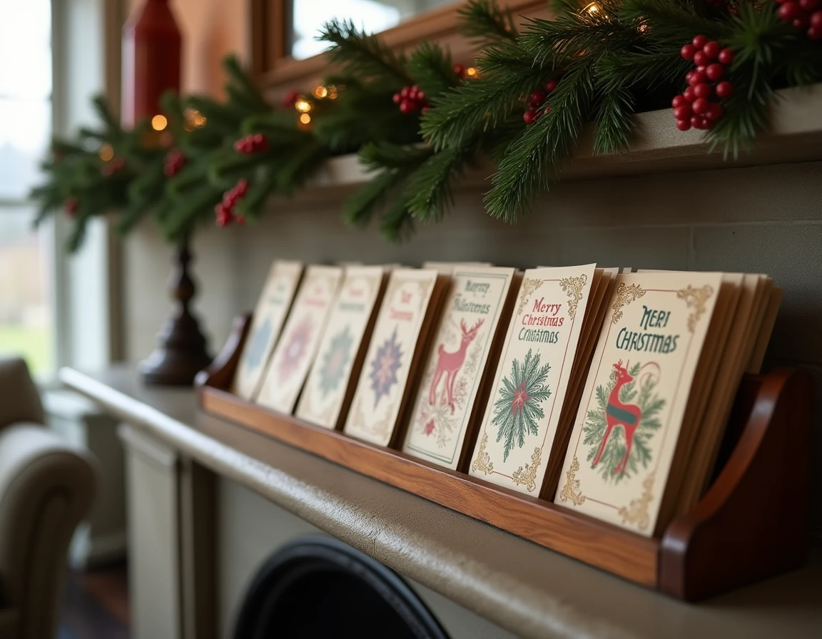 Collection de cartes de Noël vintage imprimées exposées sur un manteau de cheminée victorien avec des décorations naturelles en branches de sapin et guirlandes séchées