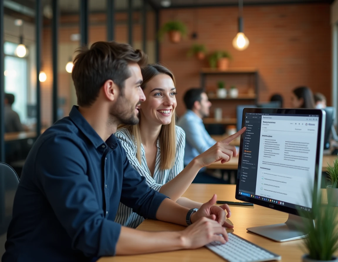 Deux collègues découvrant ensemble un guide pratique sur une plateforme en ligne dans un espace de coworking